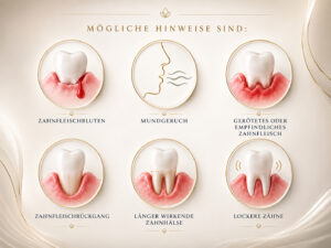 Infografik mit sechs kreisförmigen Symbolen zu Zahnproblemen: Zahnfleischbluten, Mundgeruch, empfindliches Zahnfleisch, Zahnfleischrückgang, längere wirkende Zahnhälse, lockere Zähne.