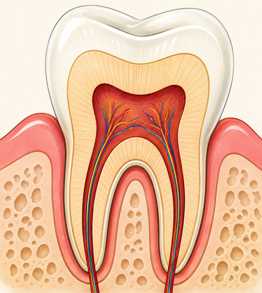 Bild Zahnschema mit Wurzel Zahnarzt Berlin Lichtenberg | Zahnarztpraxis Dr. Anne Kehler in Lichtenberg Cross-section of a tooth showing enamel, dentin, and the pulp with nerves and blood vessels, plus surrounding gum tissue.