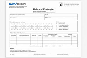 German dental treatment plan form (Heil- und Kostenplan) with logos, patient info fields, tooth-condition grid and cost sections.