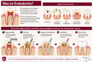 Was ist Endodontie? Deutsche Infografik erklärt Ursachen von Zahnerkrankungen und eine schrittweise Wurzelkanal-Behandlung zur Entfernung infizierten Gewebes im Zahn.